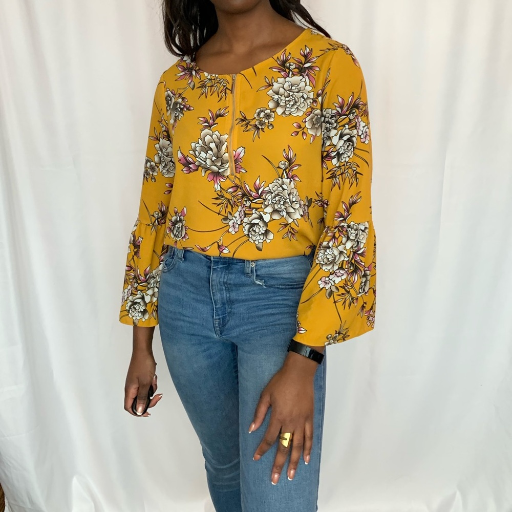 Yellow floral bell sleeve shirt. Perfect for business casual outfits or spring.